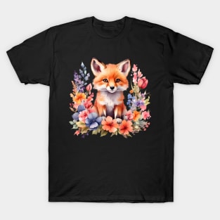 A red fox decorated with beautiful watercolor flowers T-Shirt